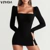 Женское U-образный вырез с длинным рукавом, однотонное облегающее мини-платье с разрезом