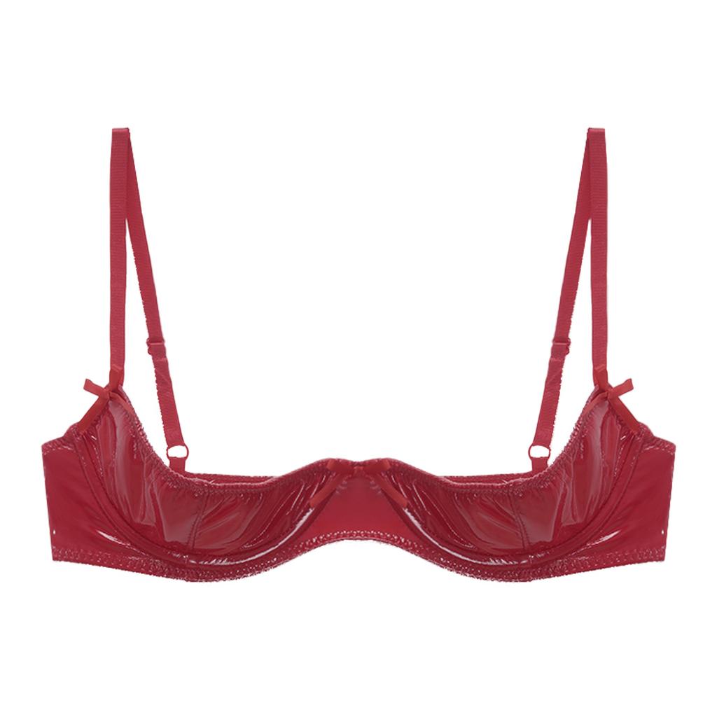 Women Glossy Patent Leather Underwired Bra Underwear Adjustable Shoulder Straps Unlined Brassiere
