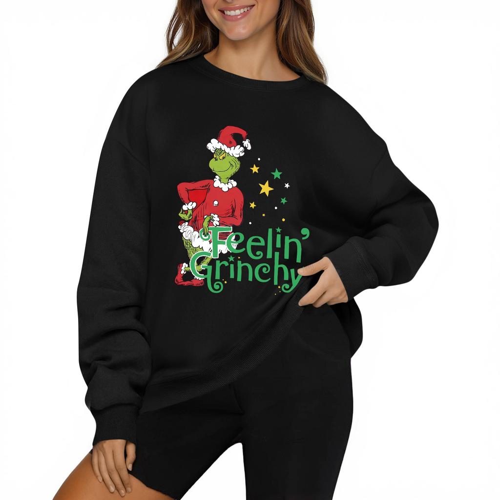 Women's Fashion Casual Long Sleeve Solid Color Christmas Printed Round Neck Top Sweatshirt