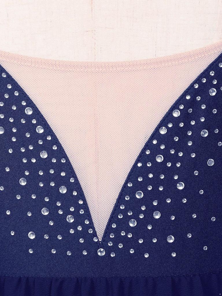 Womens Glittery Rhinestone Backless Dress Sheer Mesh Patchwork Design Mock Neck Lyrical Dance Leotard