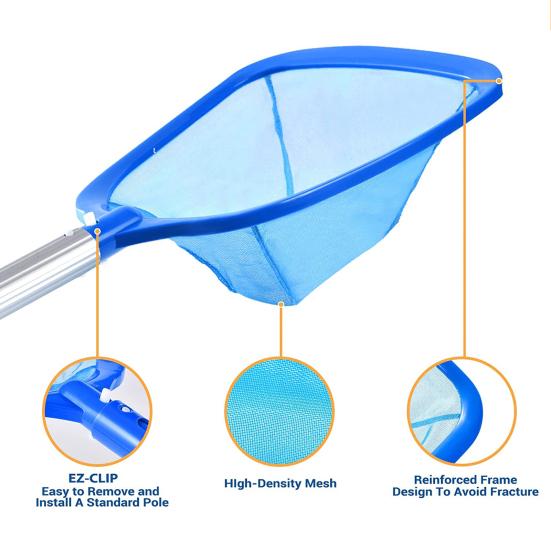 Pool Skimmer Net Deep Fine Mesh Solid Plastic Frame Detachable Pole Large Capacity Heavy Duty Leaf Fine Debris Pool Cleaning Net Pool Accessories