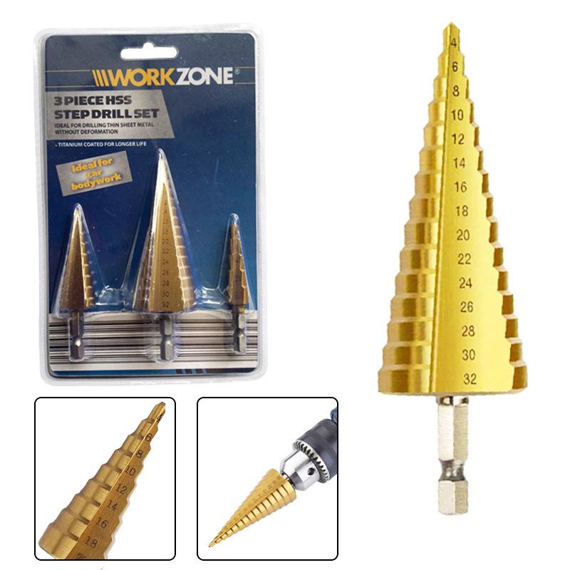 Large Titanium-Plated Step Drill Set: 4-32mm, 4-20mm, 4-12mm, Triangular Handle, Straight Flute, Pagoda Hole Opener