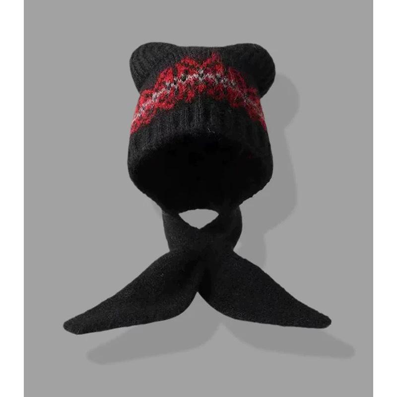 Женский милый комплект шапка и шарф с мишкой из смесовой шерсти - Зимний теплый, стройнящий и вязаный с ушками.