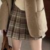 Ретро шерстяная клетчатая юбка миди: Осень/Зима, Большой размер, Плиссированная А-силуэта, Контроль живота, Мини-юбка с защитой от обнажения