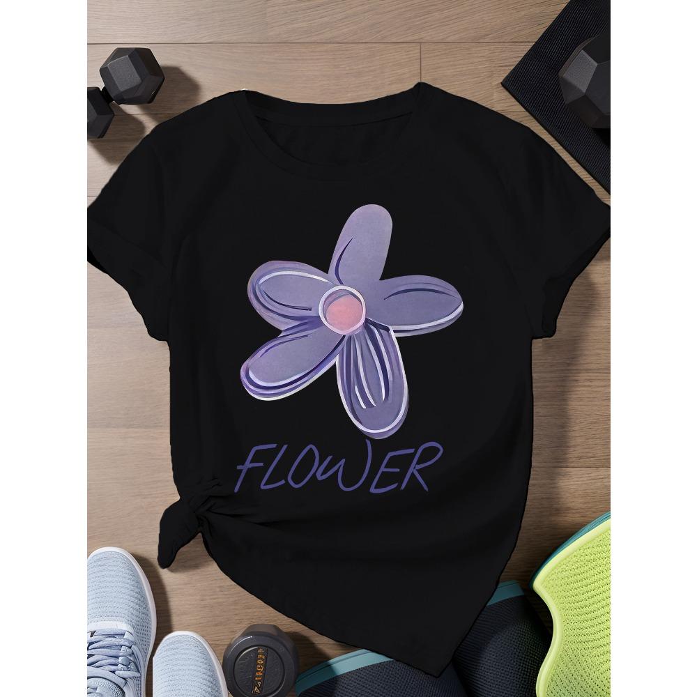 Women's Casual and Comfortable Printed T-shirt Breathable Round Neck Short Sleeved Top with Purple Flower Design Aesthetic Clothing
