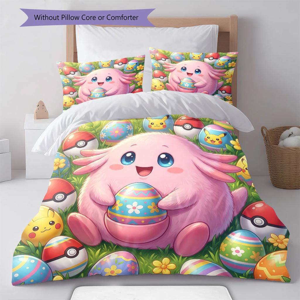 Cute Easter egg Pattern Bedding Quilt Set Quilt Cover Pillowcase Home Decoration Birthday Gift (1 * duvet cover + 2 * pillowcase, without core)