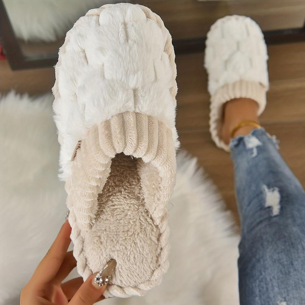 1 Pair Faux Fur Slippers, Casual Slip On Plush Lined Shoes, Comfortable Indoor Home Slippers