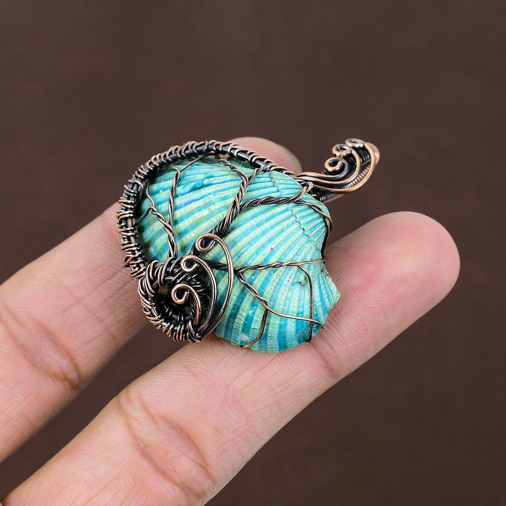 Aqua Titanium Shell Handmade Copper Wire Wrap Pendant 1.77" q9m64