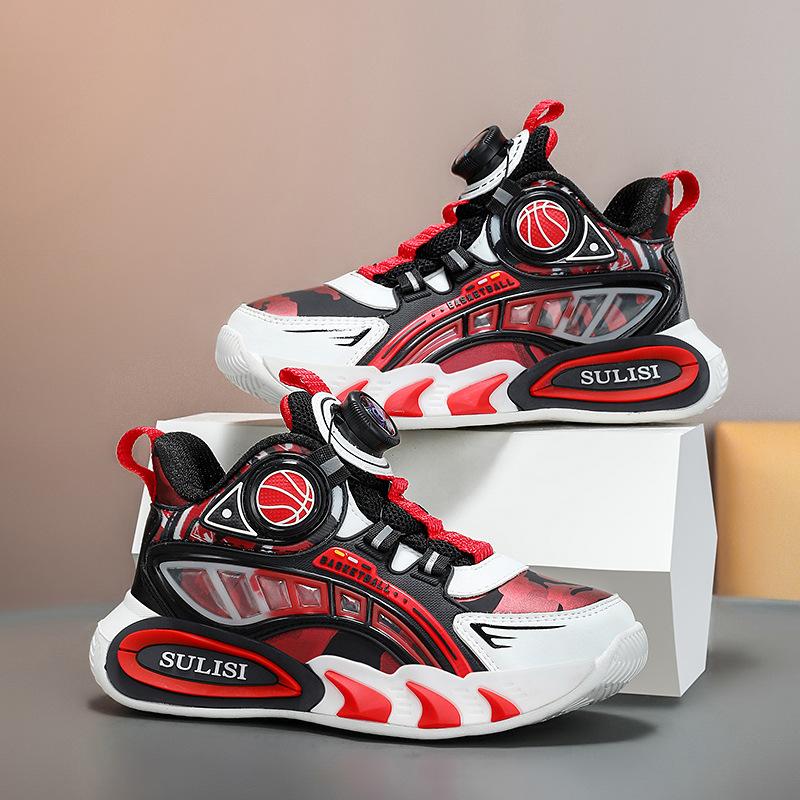 208 Students Children's Fashion Rotating Buckle Sports Shoes Running Shoes Boys Autumn and Winter Leather Surface Primary School Students Casual Sh