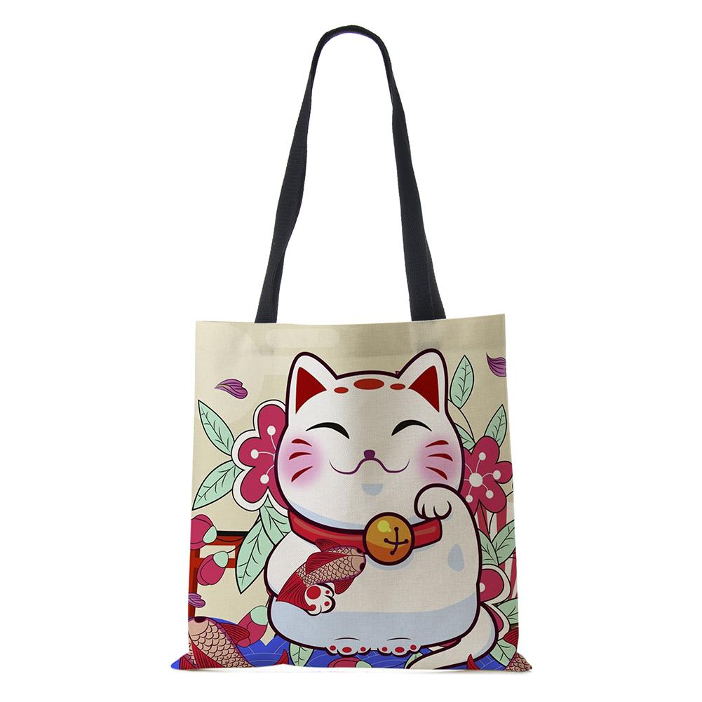 Cat Cartoon Shoulder Bag 2022 Japanese Shopping Reusable Canvas Tote Bag Women High Capacity Simple Casual Folding Handbag KTY