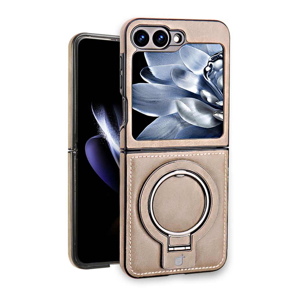 Luxury Leather Phone Case For Samsung Galaxy Z Flip 7 6 5 4 3 5G Magnetic Cover Ring Metal Bracket Shockproof Kickstand Cover