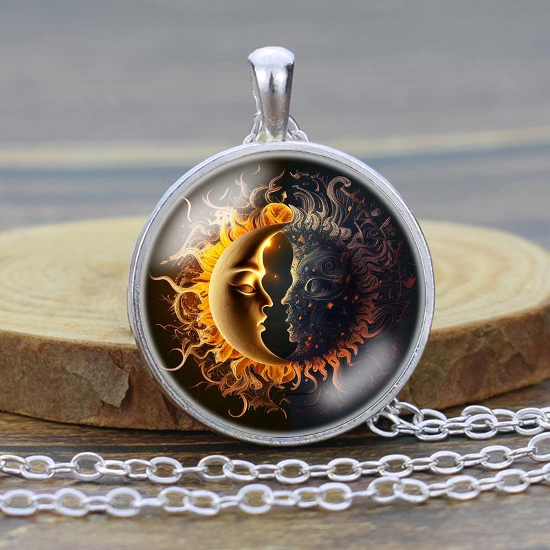 Moon and Sun Glass Cabochon Pendant, Moon and Sun Necklace, Moon Sun Jewelry for Women