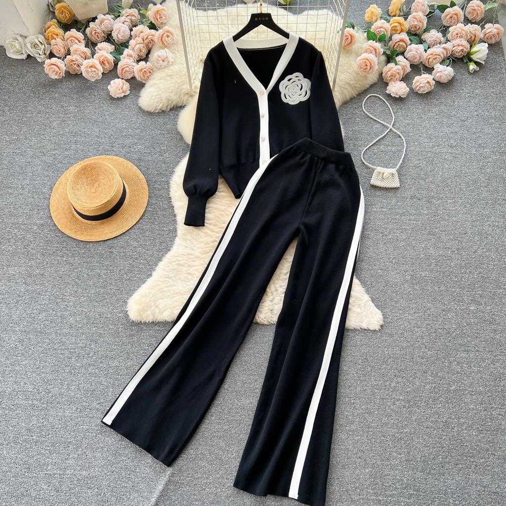 Высококачественный повседневный вязаный модный комплект знаменитостей для женщин, осенне-зимняя рубашка со свободными рукавами + драпированные брюки с высокой талией из двух предметов