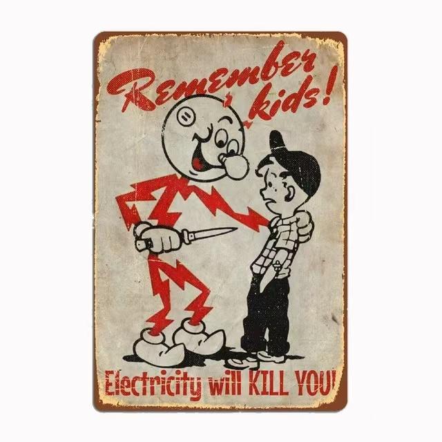 Retro Metal Remember Child Electricity Will Kill You Logo, Child Danger Warning Tin Aluminum Logo, Home School Wall Decoration