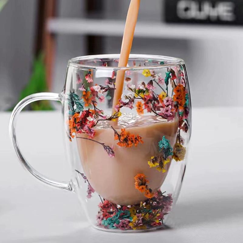 350 мл начинки сухоцветы двойные стенки стеклянная чашка с ручкой термостойкие чай кофе кружка эспрессо молоко креативный подарок