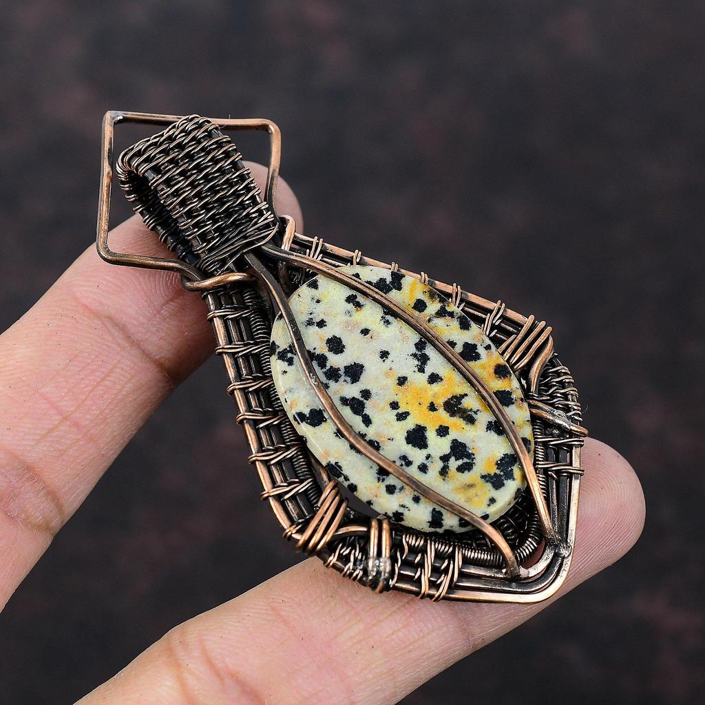 Подвеска из далматинской яшмы, обернутая медной проволокой, подвеска из натурального драгоценного камня, украшения ручной работы в технике wire wrap, подарок для него, удивительные медные украшения