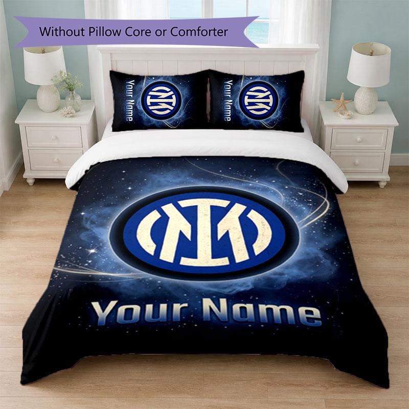 Inter Milan Custom Name Text Bedding Set 1 Duvet Cover+2 Pillowcases Soccer Logo Personalized Gift For Special Occasion Bedroom Decor