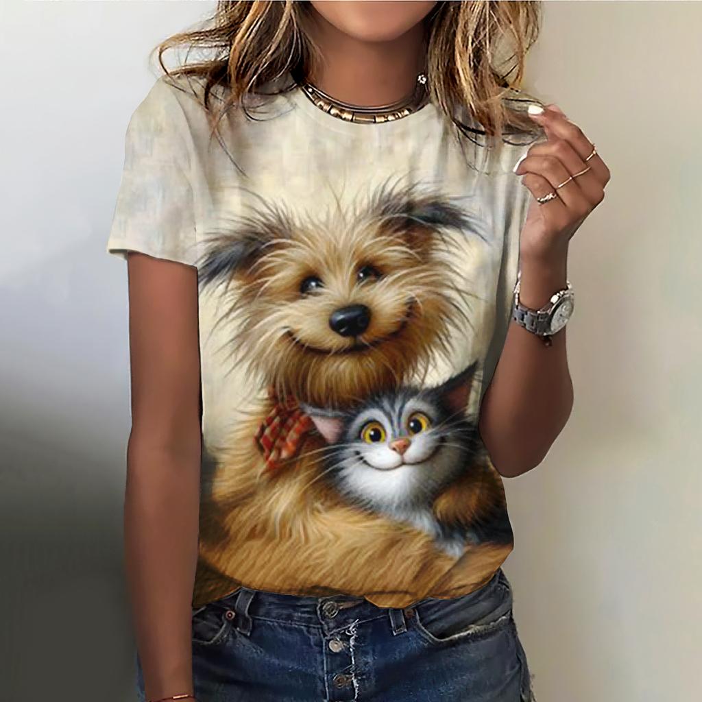Fun Animal Pattern Women's T-shirt Cat Print Casual Short Sleeved Top