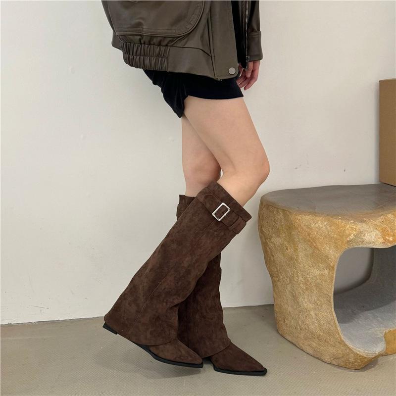 2025 Autumn and Winter New Pointed Toe Heel Pants Boots Internet Celebrity Suede Versatile Knight Boots