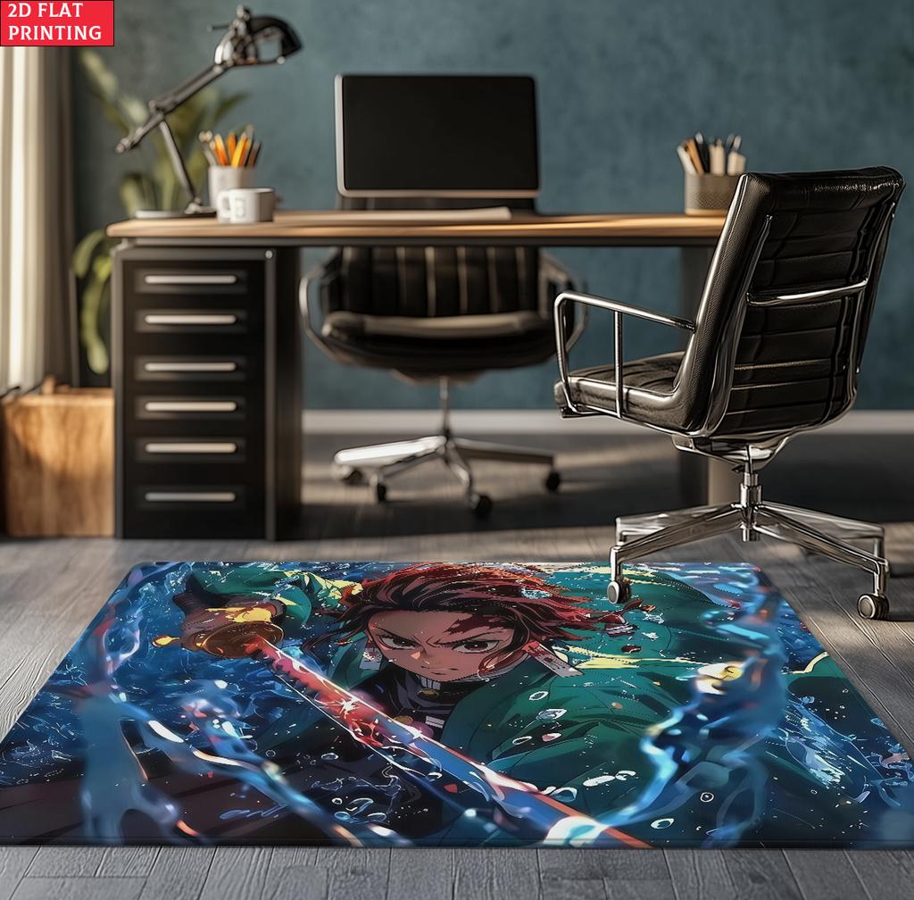 Anime Demon Area Rug, Dark Fire Water Theme Non-slip Floor Mat, Gamer Room Bedroom Decor Carpet, Washable Home Gift