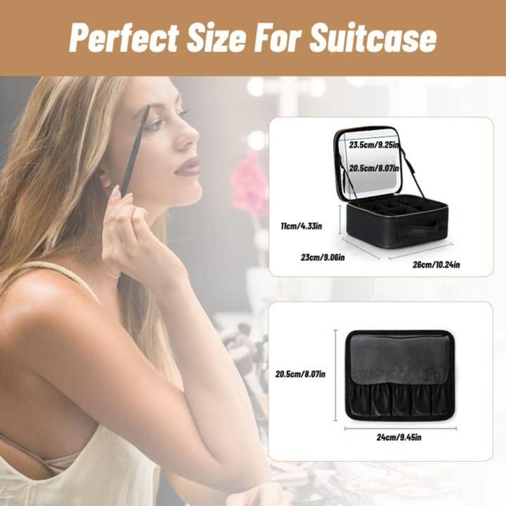 Makeup bag with lighted mirror, travel makeup case with adjustable compartments, makeup brush storage, 1 black