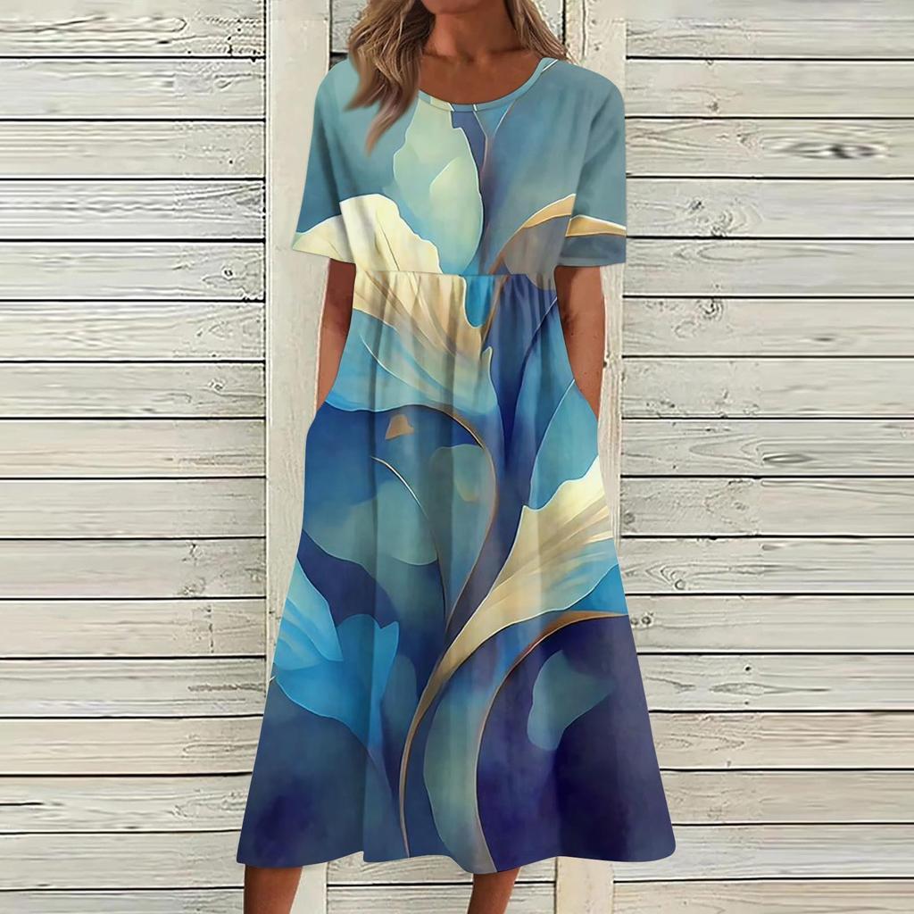 Women's Casual Dresses Printed Dresses Summer Dresses Printed Pleated Round Neck Midi Dresses Basic Classic Outdoor Daily Short Sleeve Loose Dresses