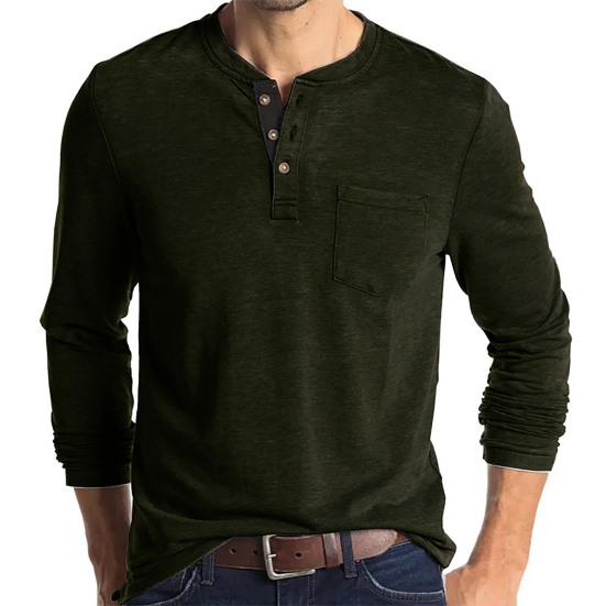 Men O Neck Autumn Winter Solid Color Long Sleeve Pocket Shirt Buttons Neck Pullover Top for