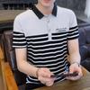 Летняя мужская футболка с короткими рукавами, корейская версия рубашки поло с лацканами, полосатая молодежная нижняя рубашка с половиной рукавов, красивый топ