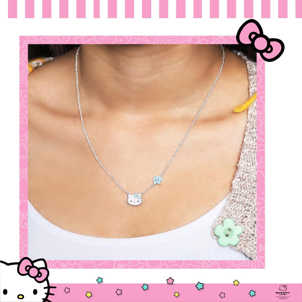 SALLY ROSE Sanrio Hello Kitty Birthstone Necklace Silver Plated Hello Kitty Necklace with Birthstone Officially Licensed Crystal 18" - Product, Brass,