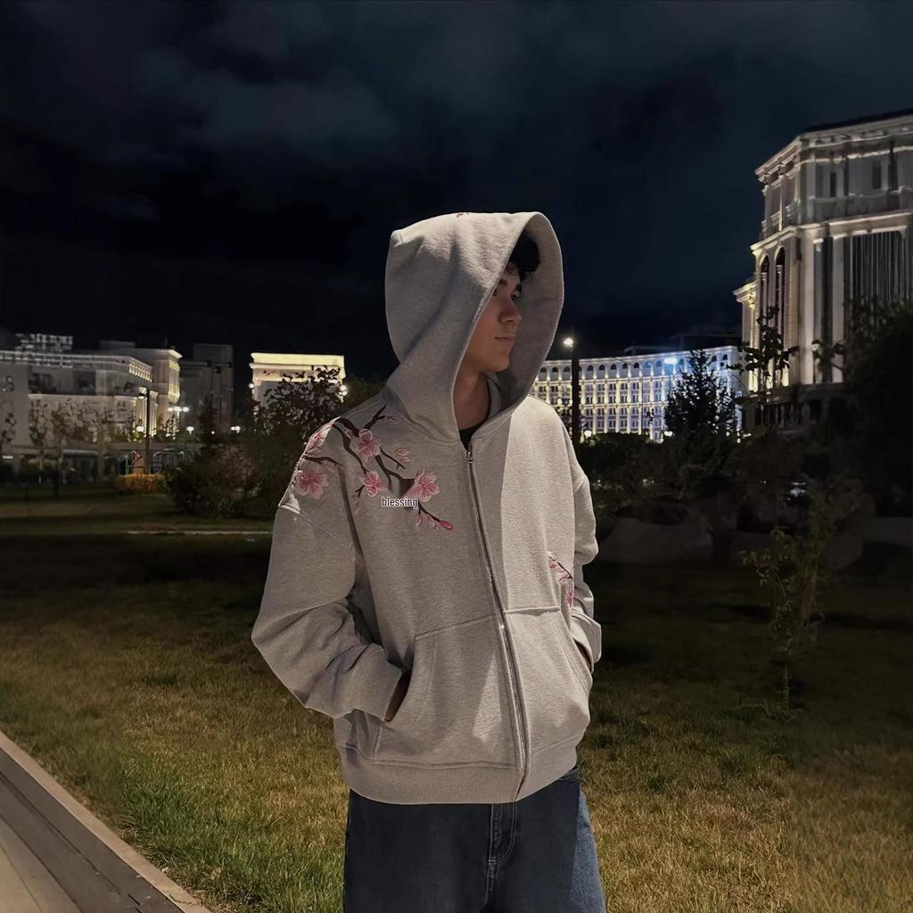 Унисекс Худи в уличном стиле с вышивкой ретро-цветов и вишни