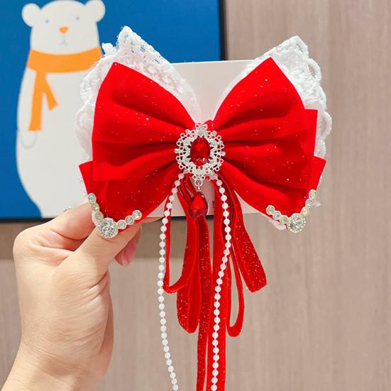 Китайская новогодняя заколка для волос с кружевными стразами, заколка для волос в стиле банта с кисточками, праздничный аксессуар для волос