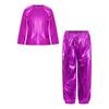 Girls Dance Party Outfit Metallic Shiny Long Sleeve Round Neck T Shirt with Performance Pants Set