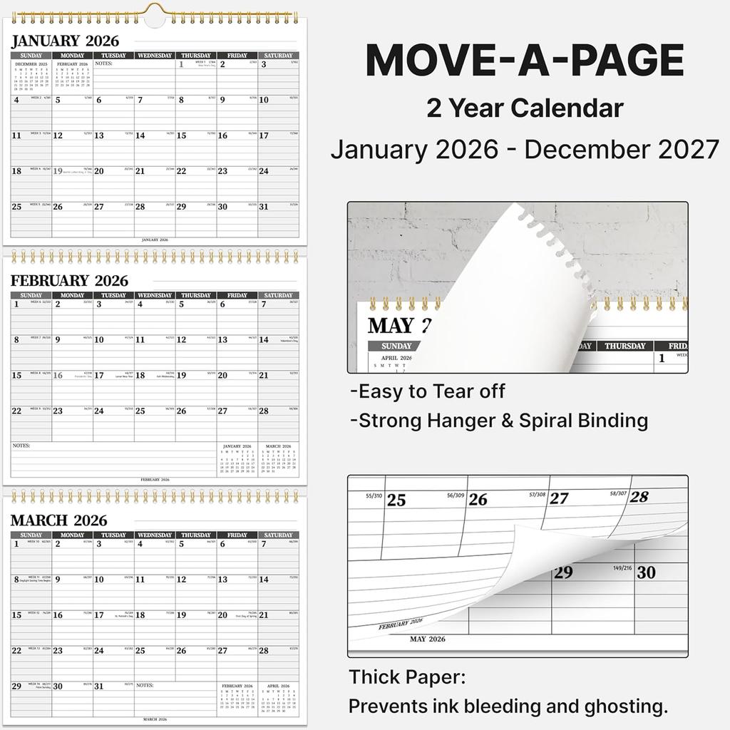 Настенный календарь 2026-2027, 3-месячный вертикальный, с перелистывающимися страницами, на 2 года с января 2026 по декабрь 2027, 11'' x 25'', Большой месячный подвесной