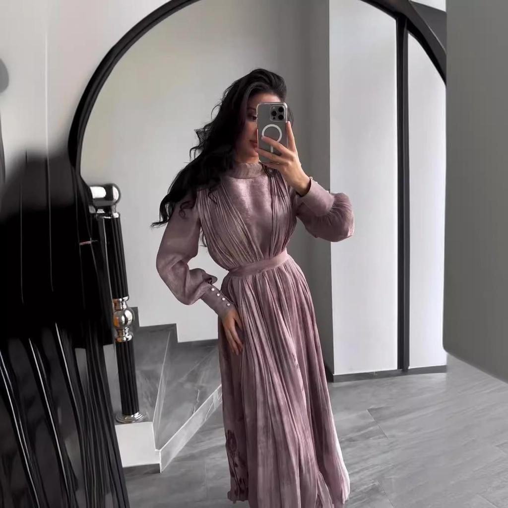 2024 Осеннее платье с цветочным принтом, завязкой на талии, стройнящее, плиссированное