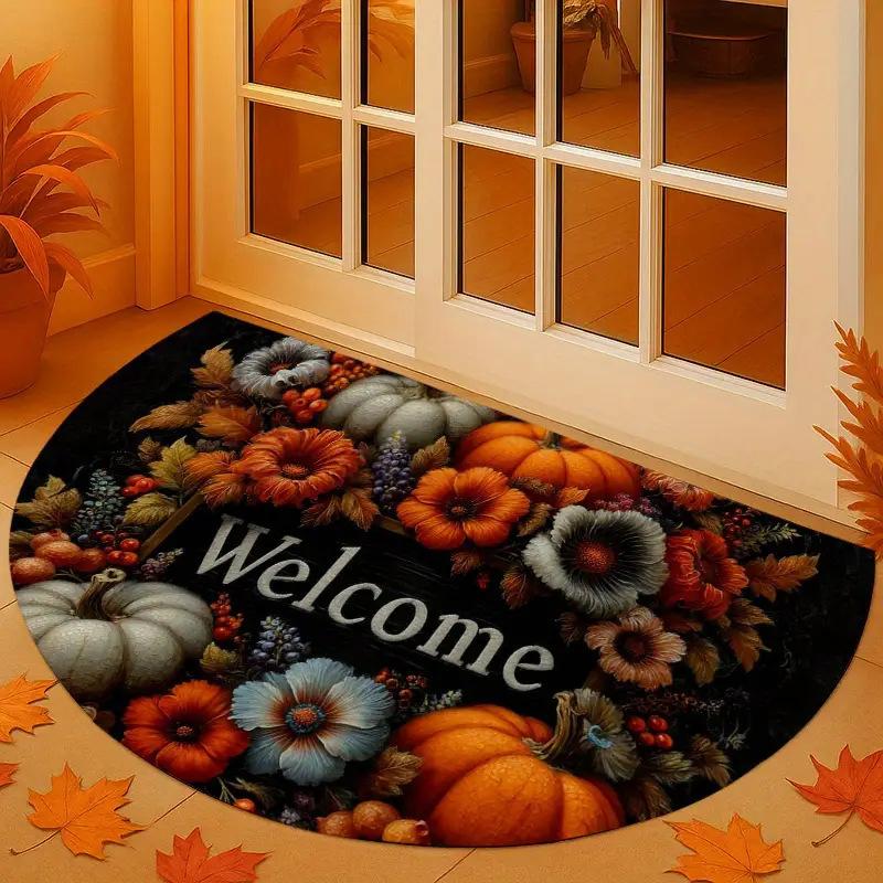 VIKAMA Autumn Thanksgiving Half-Circle Floor Mat - Maple Leaf Pumpkin - Indoor and Outdoor Entrance Door Mat for Home Decoration