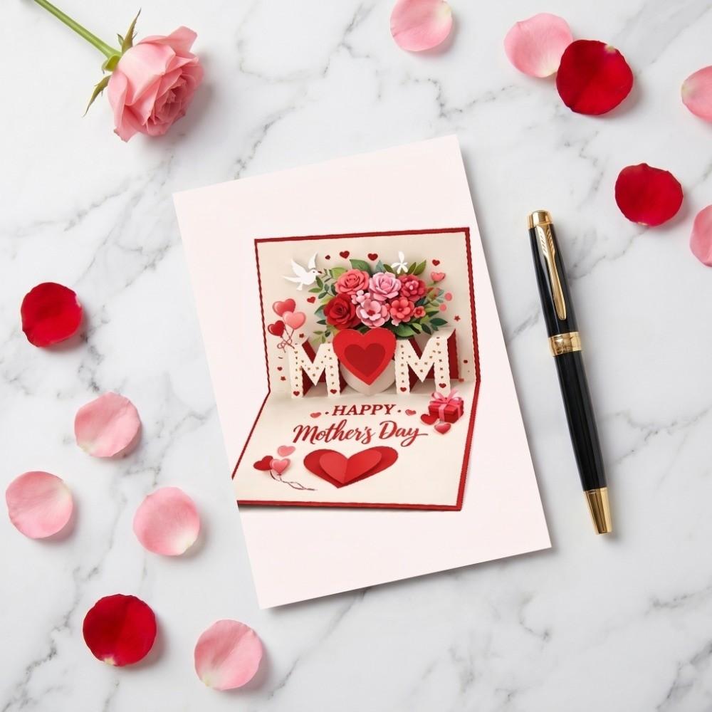Imitation 3D Mother's Day Greeting Card Gift Box Printed with the Words Happy Birthday Card Rose Heart Patterns Surprise