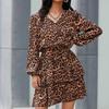 Women's Fashion Leopard Print Summer Spring Long Sleeve V-Neck High Waist Casual Dresses