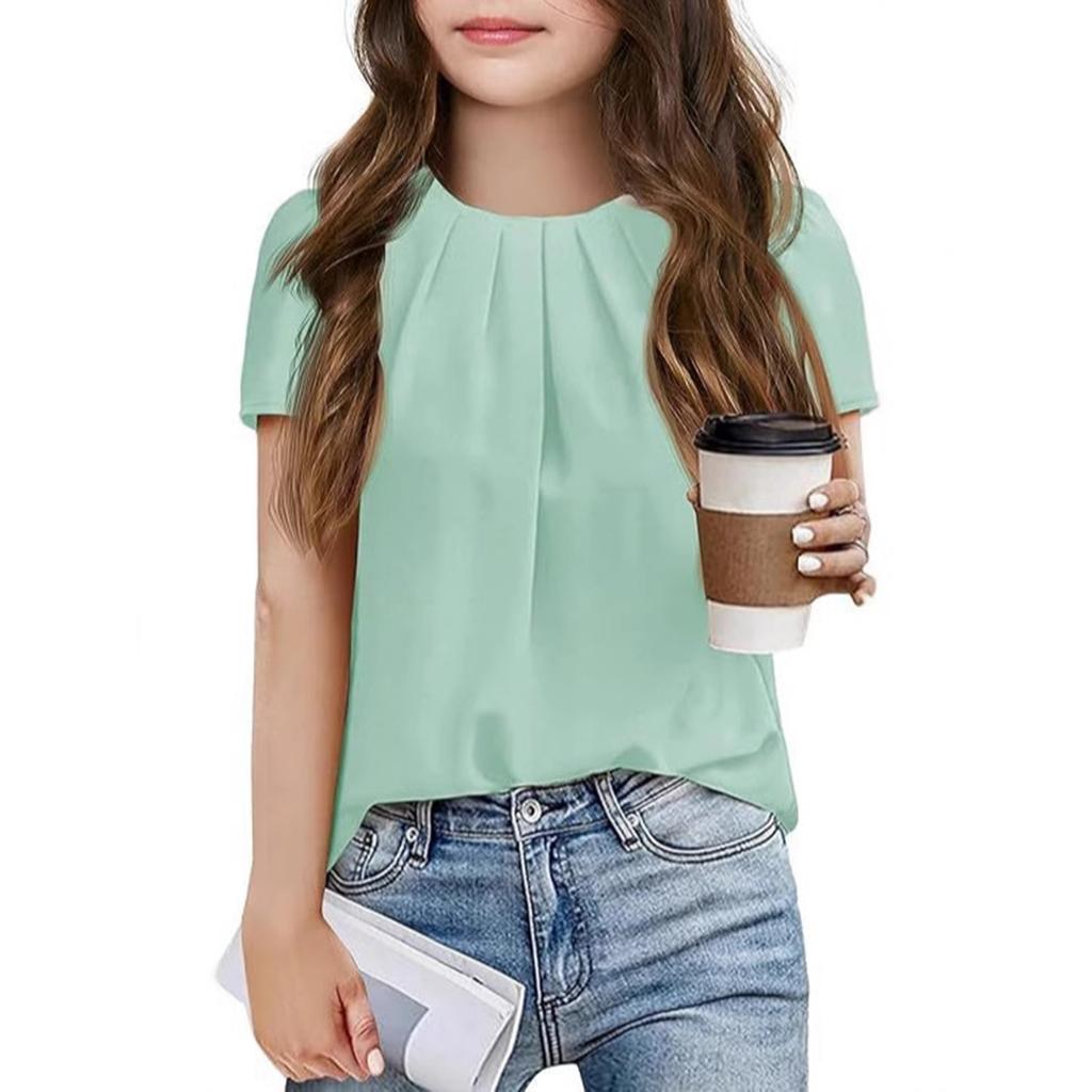 Children's Short-sleeved Solid Color T-shirt For Girls With Puffed Sleeve Chiffon Top