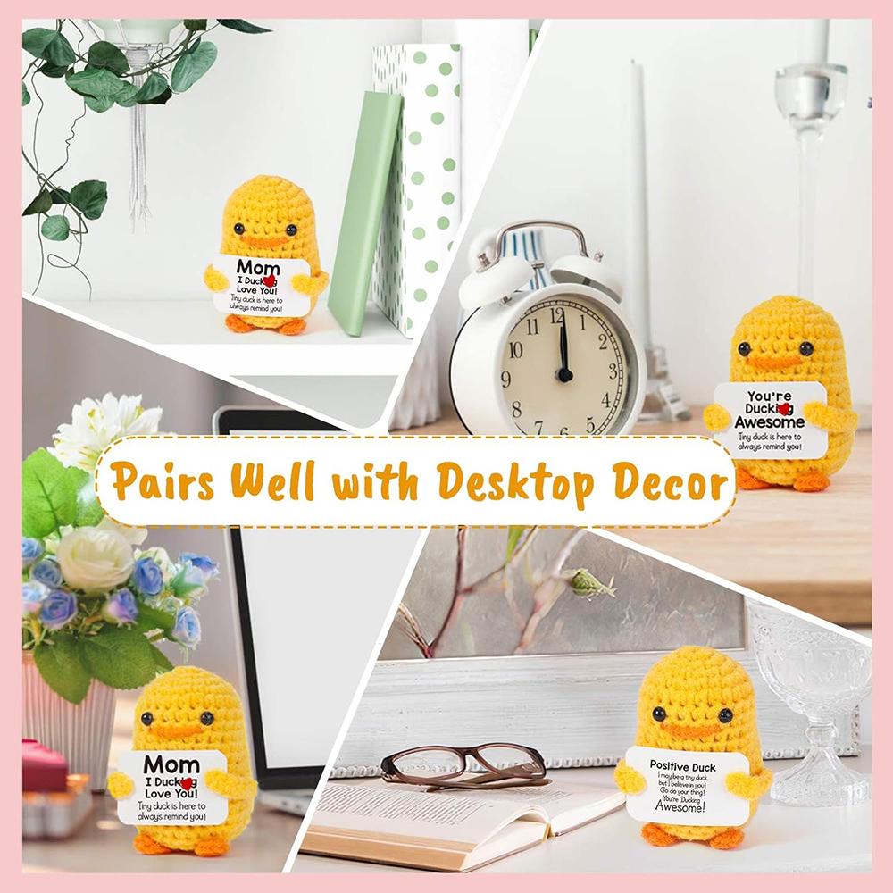 Positive Energy Duck Handmade Plush Wool Knitting Doll With Card Funny Crochet Duck Ornament Christams Gift Home Room Decoration