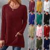 Women's Autumn New Plus Size Casual Loose Solid Color T-Shirts Round Neck Long Sleeve Shirts Tops Pocket