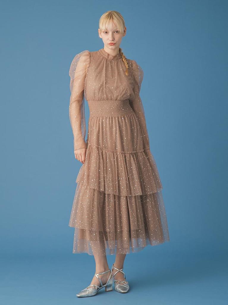 Long Sleeve Lame Tulle Dress RWFO269006BRW00