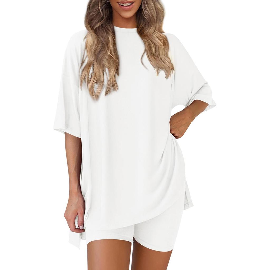 Женский свободный модный однотонный топ с разрезом и круглым вырезом, с коротким рукавом, с маленьким карманом, шорты, комплект из двух предметов