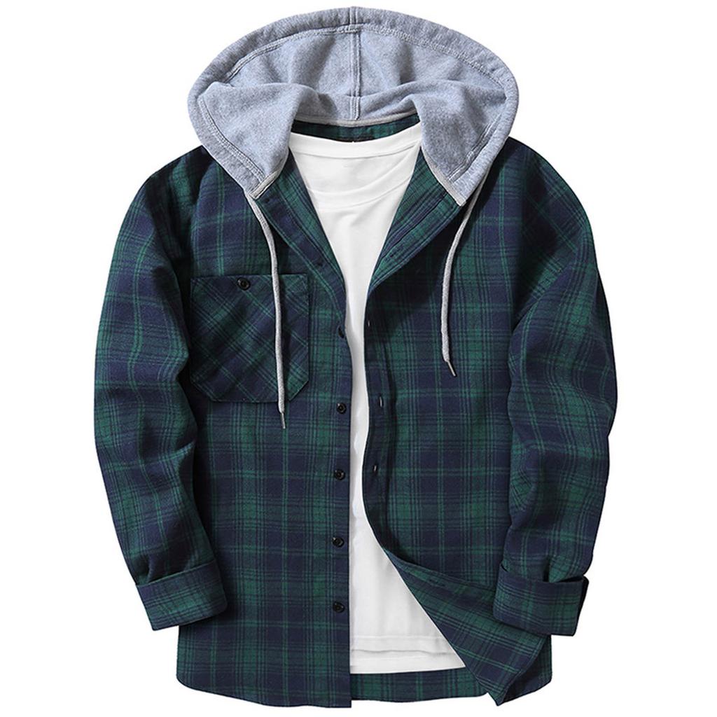  Plaid Pattern Men's Long Sleeve Hooded Shirt Jacket With Chest Pocket, Men's Casual Fall And Winter Coat