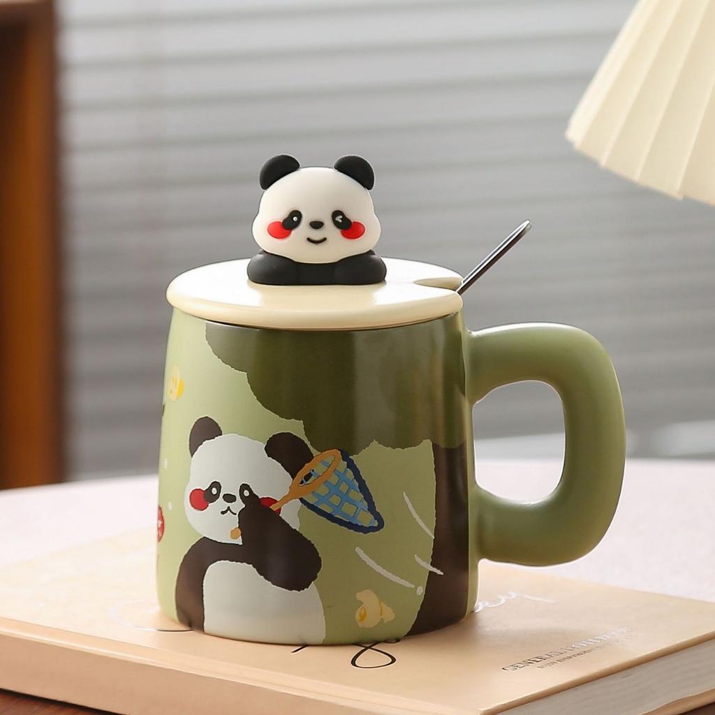 Creative Hand Painted Panda Ceramic Cups  Cute Retro Mugs  High Appearance Level Couple Cups with LIDS  Household Drinking Cups