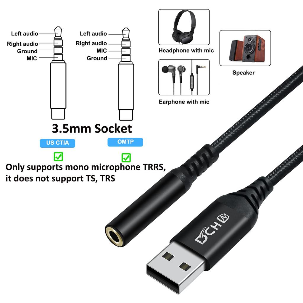 Кабель-адаптер DCHAV USB-аудиоконвертер, USB-разъем для наушников, Внешняя USB-звуковая карта, USB-A на 3,5 мм стерео мини-джек, USB-конвертер TRRS 4-контактный,
