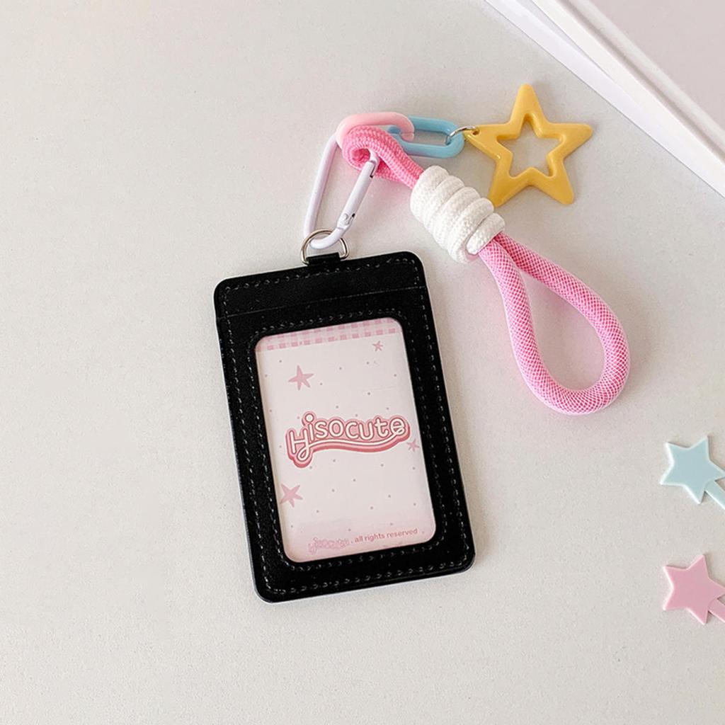 Cute PU Leather Card Sleeve Ins Candy Color Woven Rope Keychain Photo Card Holder Star Pendent Bus Card Storage Bag