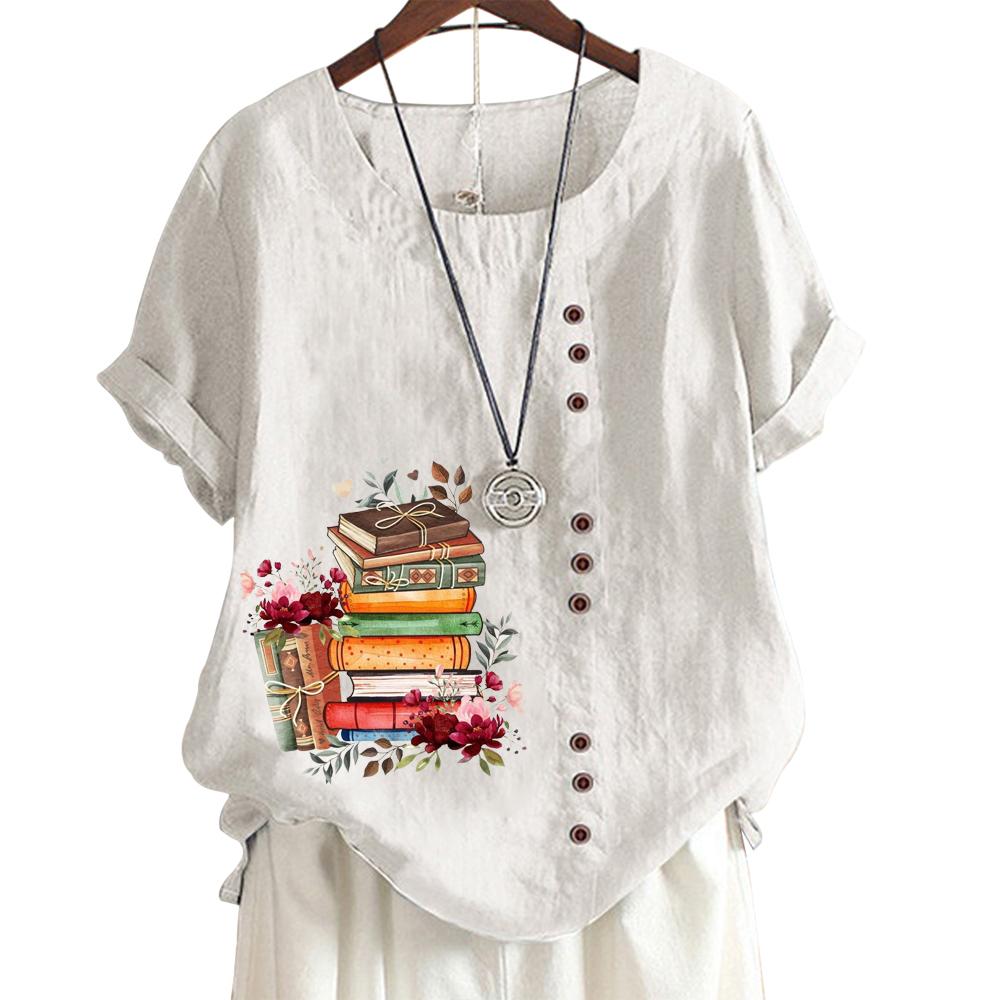 Stylish Pattern Print Women's Comfortable Cotton Linen Casual Tee with Round Neck and Short Sleeves S-5XL