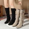 New Style Round Toe Pin Buckle Fashion High Heel Mid-calf Boots Comfortable Side Zipper Solid Color Simple Winter Women's Shoes