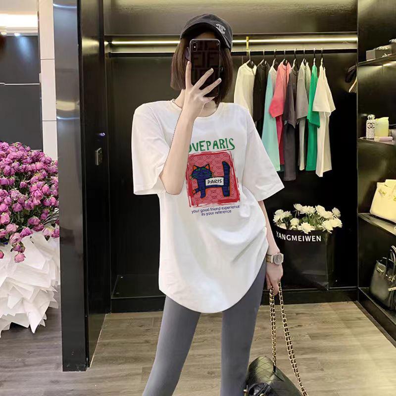 Summer New Niche Black Mid-length Curved T-shirt Women's Loose Top Cartoon Printed Short-sleeved Early Spring