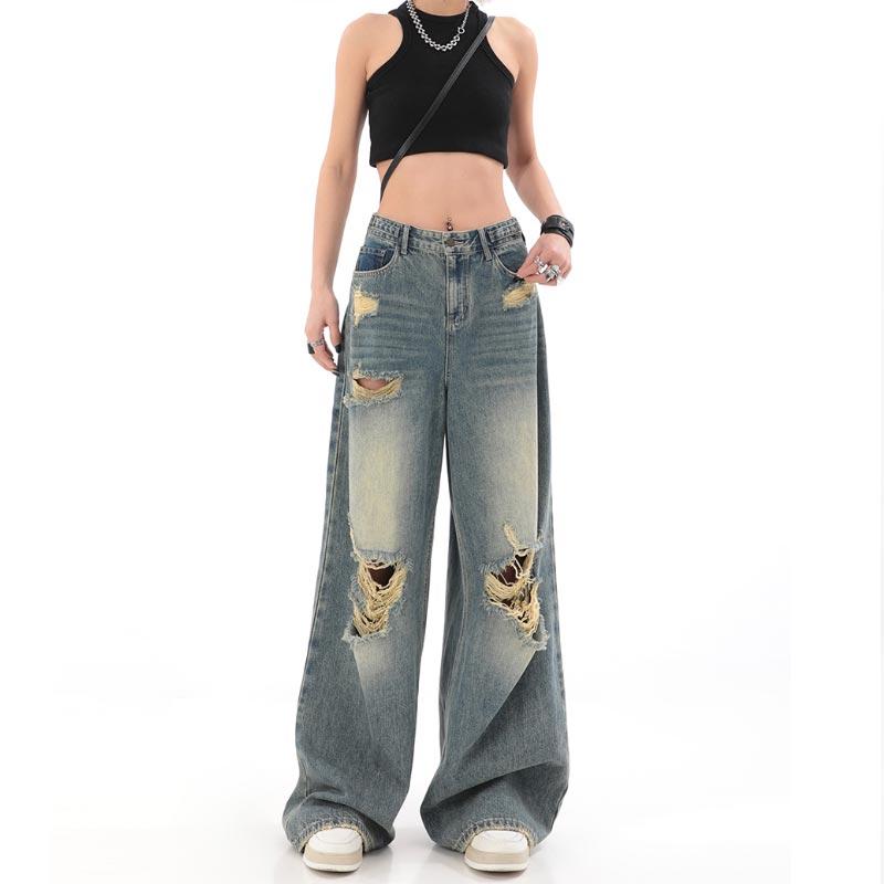 Women's Spring and Summer Broken Jeans Straight Loose Wide-leg Pants